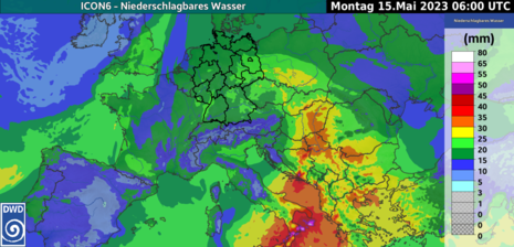 Niederschlagbares Wasser aus dem ICON6 Modell für Montag, 15.05.23, 6 UTC (Quelle Deutscher Wetterdienst (DWD))