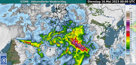 Akkumulierter Niederschlag aus dem ICON6 Modell bis Dienstag, 16.05.23, um 0 UTC (Quelle Deutscher Wetterdienst (DWD))