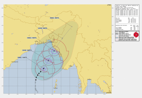 Zugbahn und Prognose der tropischen Zyklone MOCHA im Golf von Bengalen (Quelle https://www.metoc.navy.mil/jtwc/jtwc.html)