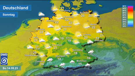 Wetter und Höchstwerte für heute (Sonntag), 14.05.2023 (Quelle Deutscher Wetterdienst (DWD))