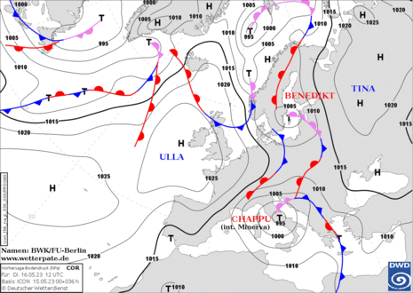 Prognostizierte Wetterlage Dienstag, 16. Mai um 14 Uhr. (Quelle DWD - VBZ)