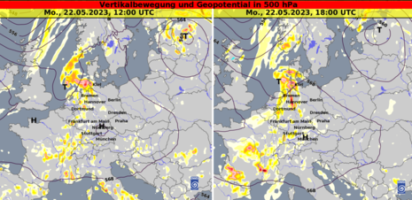 Prognose Vertikalbewegung und Geopotential auf 500 hPa (ICON) für Montag, 22.05.2023 12 UTC (links) und 18 UTC (rechts) (Quelle DWD - Deutscher Wetterdienst)