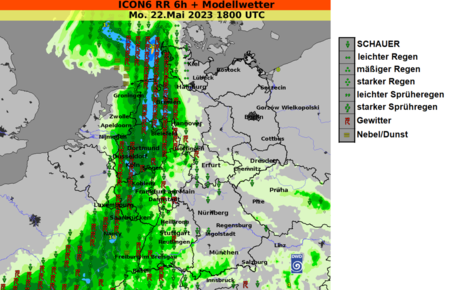 Vorhersage 6-stündiger Niederschlag und Modellwetter (ICON) für Montag, 22.05.2023 18 UTC (Quelle DWD - Deutscher Wetterdienst)