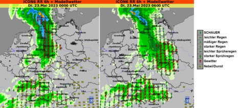 Vorhersage 6-stündiger Niederschlag und Modellwetter (ICON) für Dienstag, 23.05.2023, links 00 UTC, rechts 06 UTC (Quelle DWD - Deutscher Wetterdienst)