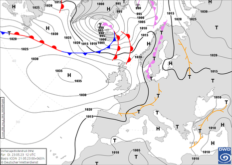 Vorhersage Bodendruck, Basis ICON für Di. 23.05.2023 mittags (Quelle DWD - Deutscher Wetterdienst)