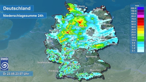 24-stündiger Niederschlag in Millimeter von Montag, den 22.05.2023, 07 Uhr Mitteleuropäischer Sommerzeit bis Dienstag, den 23.05.2023, 07 Uhr Mitteleuropäischer Sommerzeit