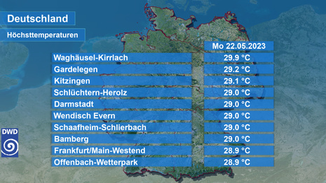 Höchstwerte in Deutschland am Montag, den 22.05.2023 in Grad Celsius