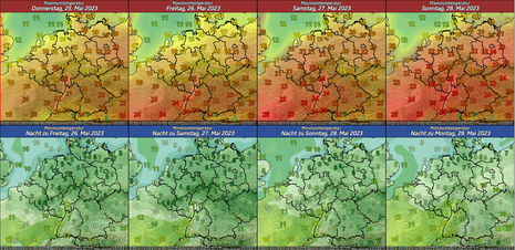 Temperaturverlauf von Donnerstag, den 25.05.2023 bis zur Nacht zu Montag, den 29.05.2023