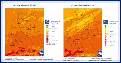 UV-Index am Samstag, 27.05.2023 und Sonntag, 28.05.2023 (Quelle Deutscher Wetterdienst)
