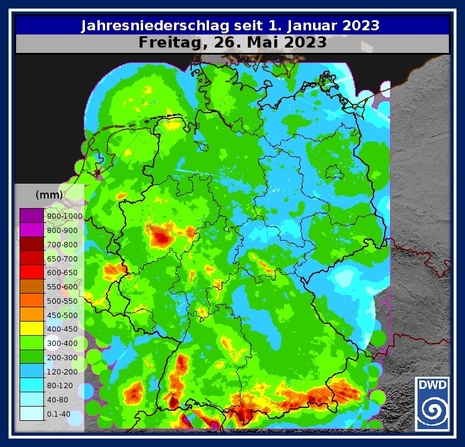 Vom Radar abgeleitete Jahresniederschlagssumme seit dem 1. Januar 2023, Stand: 26.05.2023 (Quelle Deutscher Wetterdienst)