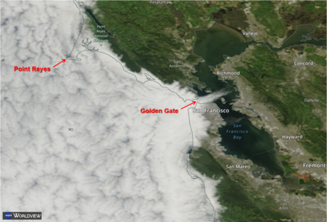 Typische Nebelverteilung entlang der kalifornischen Westküste bei San Francisco (28.04.2023) (Quelle https://worldview.earthdata.nasa.gov)