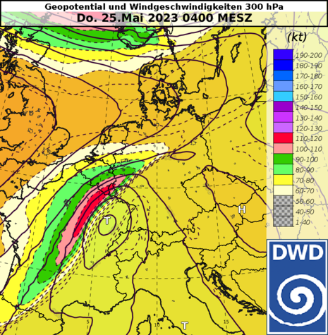 Geopotential und Windgeschwindigkeit in 300 hPa (Quelle Deutscher Wetterdienst)