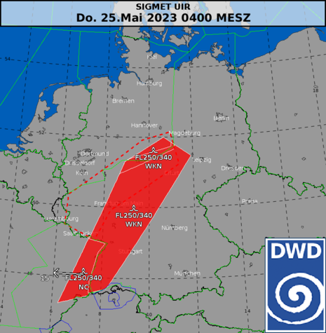 Warnung vor schwerer Turbulenz im oberen Luftraum am 25.05.2023 um 02 UTC. (Quelle Deutscher Wetterdienst)