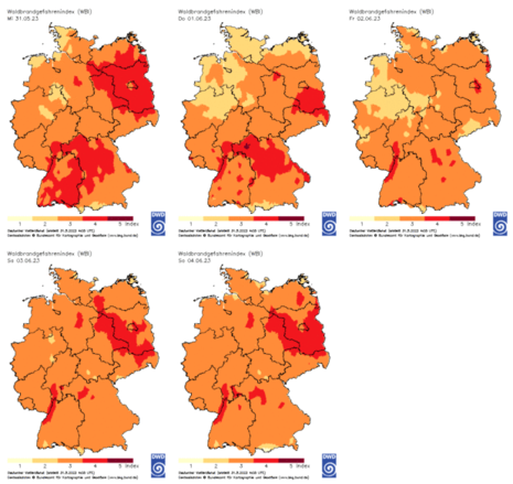 Waldbrandgefahrenindex (WBI) für heute und die kommenden Tage bis Sonntag, den 04.06.2023 (Quelle Deutscher Wetterdienst (DWD))
