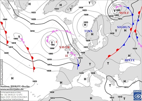 Isobarenkarte für Europa und den Nordatlantik mit Hoch- und Tiefdruckgebieten für Do. 04.05.2023 12 UTC (Quelle DWD/BWK/FU-berlin)