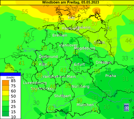 Vorhersage der Windböen in km/h für Freitag, 05.05.2023