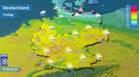 Deutschlandkarte mit Wetter und Höchsttemperatur für Freitag, 05.05.2023