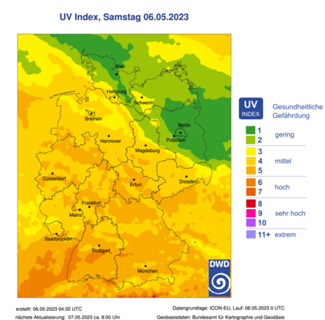 Vorhersage des UV-Index für Samstag, 6. Mai 2023 (Quelle DWD)