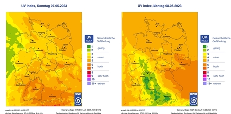 Vorhersage des UV-Index für Sonntag, 7. Mai 2023 und Montag, 8. Mai 2023 (Quelle DWD)