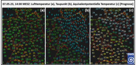 Zusammenstellung von Temperatur, Taupunkt und äquivalentpotentieller Temperatur für den 07.05.2023, 14:00 Uhr MESZ (Prognose)