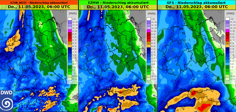Aufsummierte Niederschläge von drei verschiedenen Wettermodellen für die kommenden drei Tage in Deutschland. (Quelle DWD - Deutscher Wetterdienst)