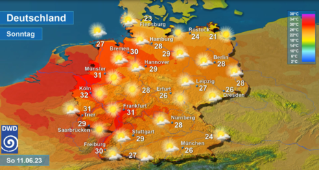 Wetter und Tageshöchsttemperaturen in Deutschland am Sonntag, 11.06.2023
