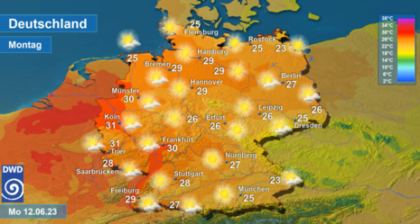 Wetter und Tageshöchsttemperaturen in Deutschland am Montag, 12.06.2023