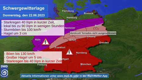 Grafik zur Schwergewitterlage am Donnerstag, 22.06.2023 (Quelle Deutscher Wetterdienst)