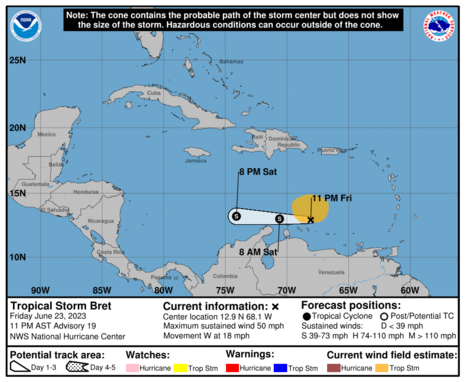 Prognose der Zugbahn von Tropensturm BRET mit Windfeld und möglichen Warnungen (Quelle National Hurricane Center )