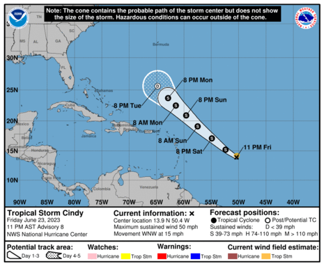 Prognose der Zugbahn von Tropensturm CINDY mit Windfeld und möglichen Warnungen (Quelle National Hurricane Center)