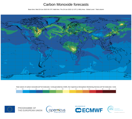 Die Grafik zeigt die Vorhersage der Konzentration an Kohlenmonoxid für den 29.06.2023 12 UTC. (Quelle https://atmosphere.copernicus.eu/global-fire-monitoring)