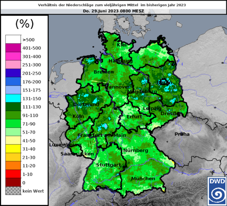 Verhältnis der Niederschläge im bisherigen Jahresverlauf zum vieljährigen Mittel (Quelle Deutscher Wetterdienst)