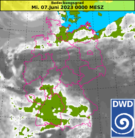 Bedeckungsgrad über Deutschland um Mitternacht (Quelle Deutscher Wetterdienst)