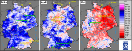 Prozentualer Niederschlag verglichen mit dem vieljährigen Mittel für die Monate März, April und Mai