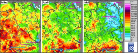 Niederschlagsmenge (l/m²) der Frühjahrsmonate März, April und Mai (abgeleitet aus Radardaten)