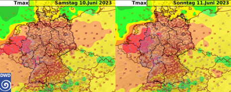 Prognostizierte Höchsttemperaturen für Samstag, den 10.06.2023 (links) und Sonntag, den 11.06.2023 (rechts) (Quelle Deutscher Wetterdienst)