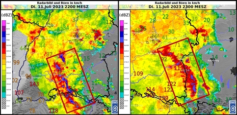 Radarbild und gemessene Böen in km/h am 11.07.2023 um 22 Uhr MESZ und 23 Uhr MESZ