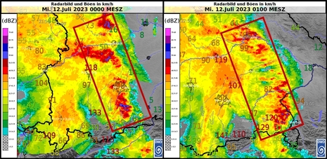 Radarbild und gemessene Böen in km/h am 12.07.2023 um 00 Uhr MESZ und 01 Uhr MESZ