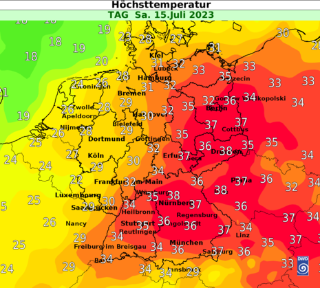 Karte Deutschland mit Vorhersage der Höchsttemperatur für Samstag, 15.07.2023 (Quelle DWD)