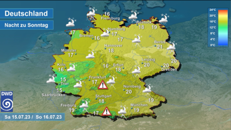 Deutschlandkarte mit Wetter und Tiefstwerten für die Nacht zum Sonntag, 16.07.2023 (Quelle DWD )