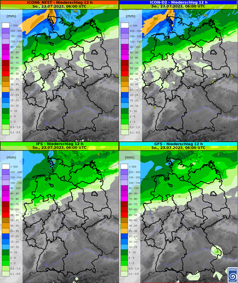 12-stündiger Niederschlag von Samstag, den 22.07.2023 18 UTC bis Sonntag, den 23.07.2023 06 UTC für verschiedene Modelle (Quelle Deutscher Wetterdienst)