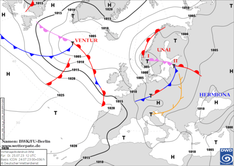 Europakarte mit Isobaren und Druckzentren für Dienstag, 25.07.2023 (Quelle DWD)
