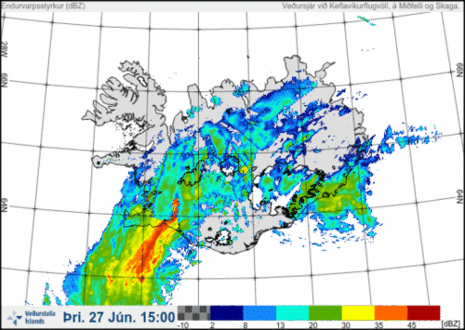 Radarbild von Island vom 27.06.2023, 15 GMT (Quelle https://en.vedur.is/weather/observations/radar/)