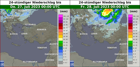 Prognostizierte Niederschläge bis Freitagmorgen für den östlichen Mittelmeerraum. Demnach kaum oder keine nennenswerten Regenfälle. (Quelle NinJo - DWD)