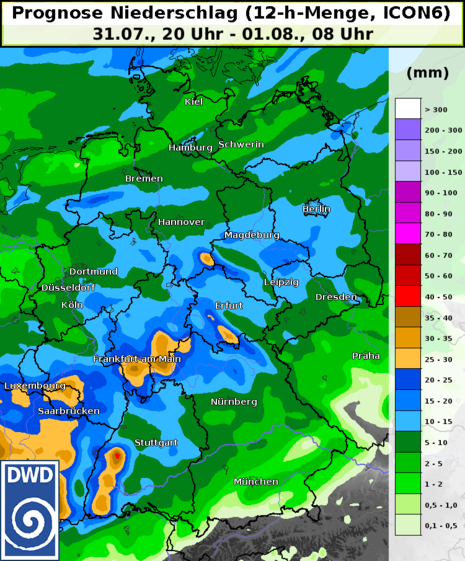 12 stündige Regenmenge bis Dienstagfrüh 8 Uhr als Farbflächendarstellung