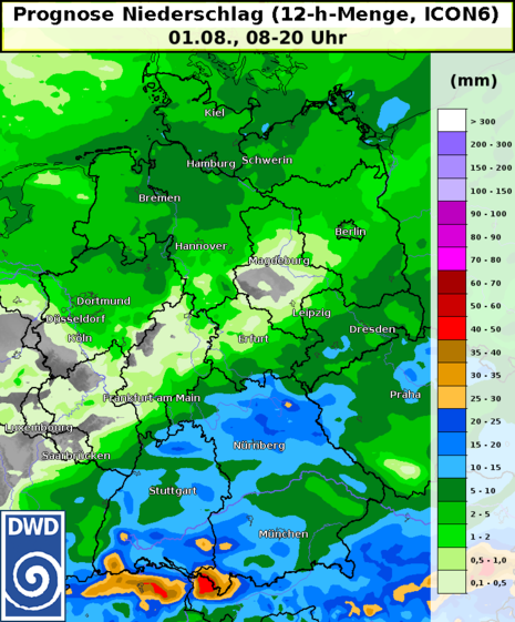 12 stündige Regenmenge bis Dienstagabend 20 Uhr als Farbflächendarstellung