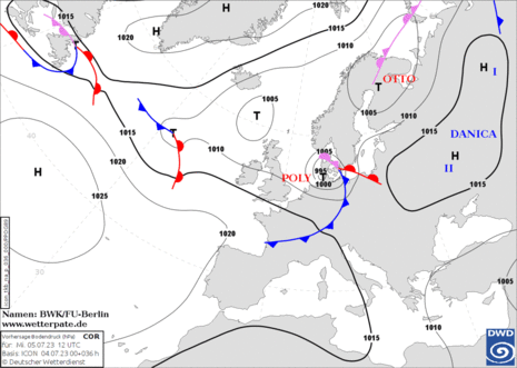 Bodendruckvorhersage für morgen Mittwoch, 05.07.2023, 12 UTC/14 MESZ, Vorhersage anhand der ICON-Modellprognose vom 04.07.2023, 00 UTC