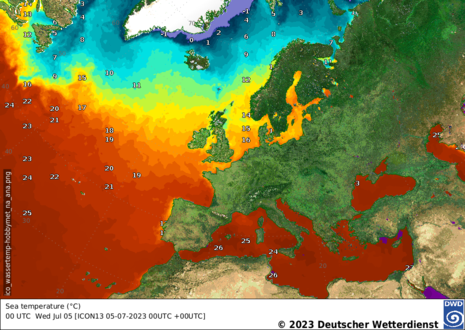 Aktuelle Wassertemperatur der europäischen Meere vom 05.07.2023 (Quelle DWD)