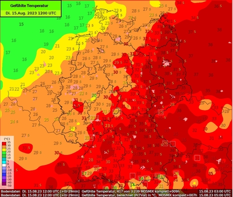 Prognose der Gefühlten Temperatur für Dienstag, den 15.08.2023 um 14 Uhr (Quelle DWD - Deutscher Wetterdienst)