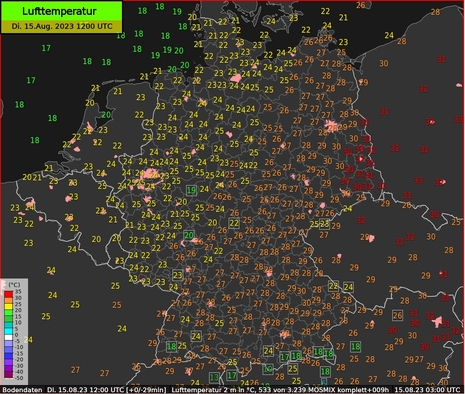 Prognose der Lufttemperatur für Dienstag, den 15.08.2023 um 14 Uhr MESZ (Quelle DWD - Deutscher Wetterdienst)